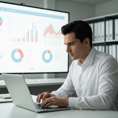 Person analyzing data on a laptop with charts and graphs