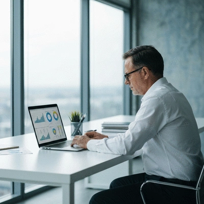 Person analyzing data on a laptop with charts and graphs