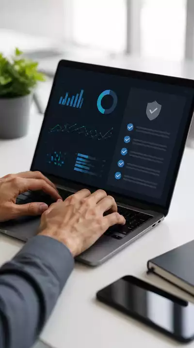 Close-up of hands typing on a laptop, surrounded by data visualizations and a data governance checklist on a digital screen