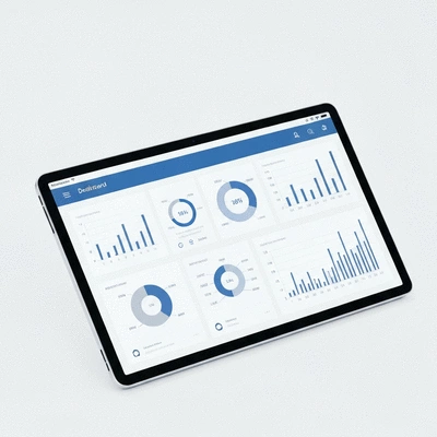 Modern business dashboard with various charts and graphs, showing key performance indicators (KPIs) and metrics, on a tablet or laptop screen, clean design, no text, no words, no typography, clean image