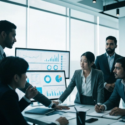 Business team analyzing data on multiple screens