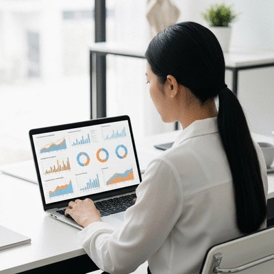 Data analyst reviewing charts and graphs on a laptop, representing descriptive analytics
