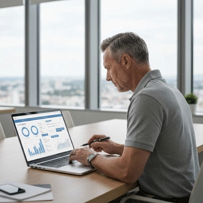Person analyzing website data on a laptop with charts and graphs, representing CRO audit