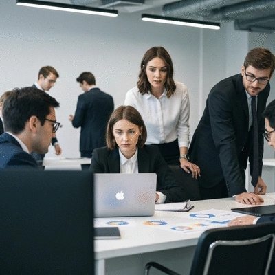 Business professionals discussing data on a laptop in a modern office