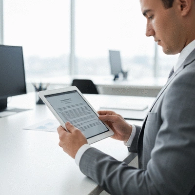 Person reviewing data privacy regulations on a tablet in a modern office