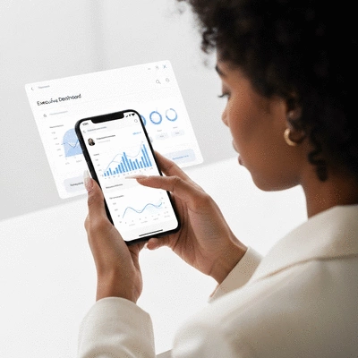Person using a smartphone to view a responsive executive dashboard