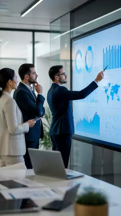Business professionals reviewing data on a large screen with charts and graphs