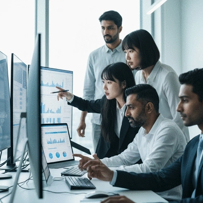 Diverse team of professionals collaborating in a modern office, analyzing data on multiple screens, clean image, no text, no words, no typography