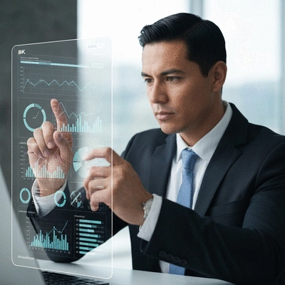 Business professional analyzing data on a large transparent screen, showing charts and graphs, clean image, no text, no words, no typography