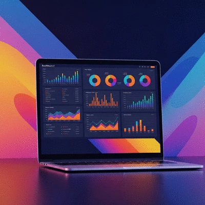 Data analytics dashboard showing charts and graphs on a laptop