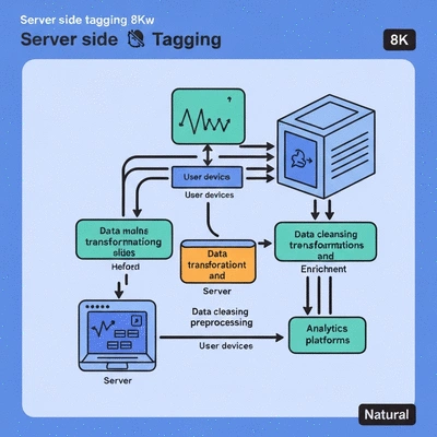 Server-side tagging data flow diagram, showing data moving from user devices to a server before being sent to analytics platforms, clean image