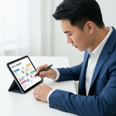 Person analyzing user journey map on a tablet with data overlays