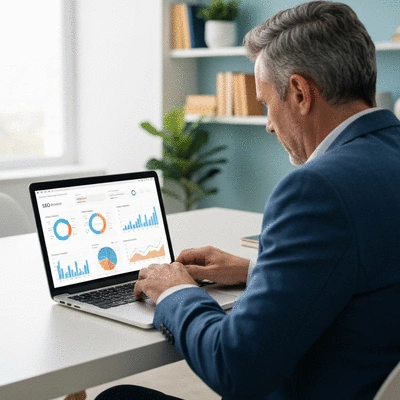 Person analyzing SEO data on a laptop with charts and graphs