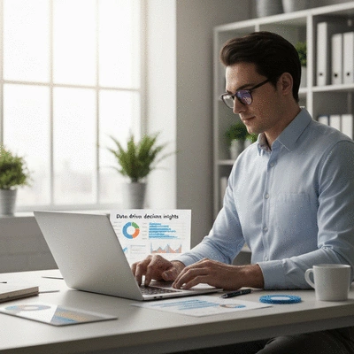 Person analyzing data on a laptop with charts and graphs, representing data-driven decisions