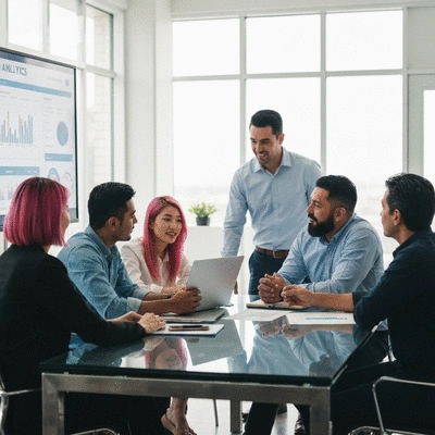 Modern office setting with a team collaborating around a table