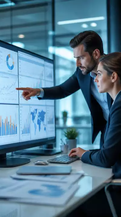 Business professionals analyzing data on screens with various charts and graphs, representing data visualization tools