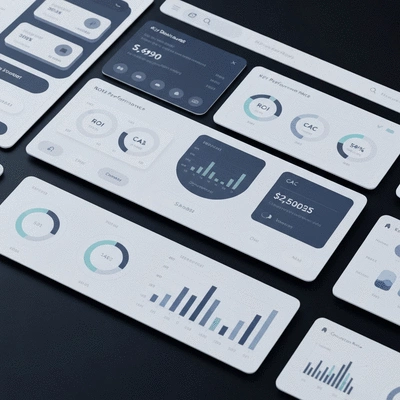 Modern dashboard displaying various KPIs like ROI, CAC, and conversion rate for analytics effectiveness