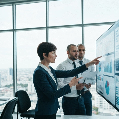 Modern business team analyzing data on a large screen with charts and graphs