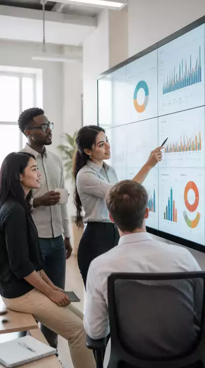 Diverse team collaborating in a modern office, looking at a large screen displaying business intelligence dashboards, representing teamwork and data analysis
