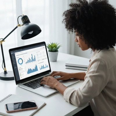 Professional working on a laptop with data visualizations, showing analysis and strategy