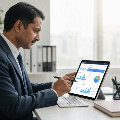 Executive looking at a modern digital dashboard with various charts and graphs on a tablet