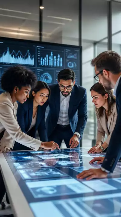 Modern office setting with diverse team collaborating on data governance blueprint, showing charts and digital dashboards