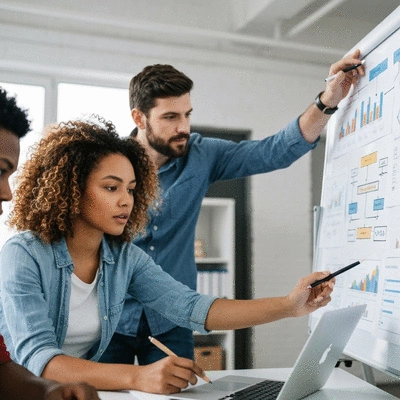 Team collaborating on a digital marketing strategy at a modern office